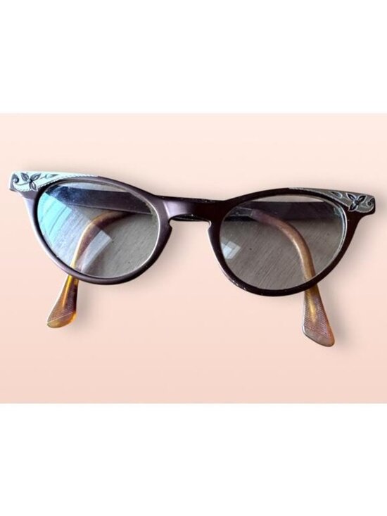 Art-Craft Accessories - Vintage 1950s Art-Craft Aluminum Cat Eye Glasses – Frames with Floral Inlay
